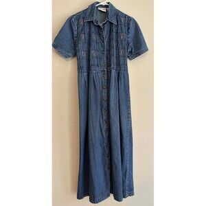Vintage Olivia Rose Long Maxi Denim Dress Embroidered Flowers Womens 10M